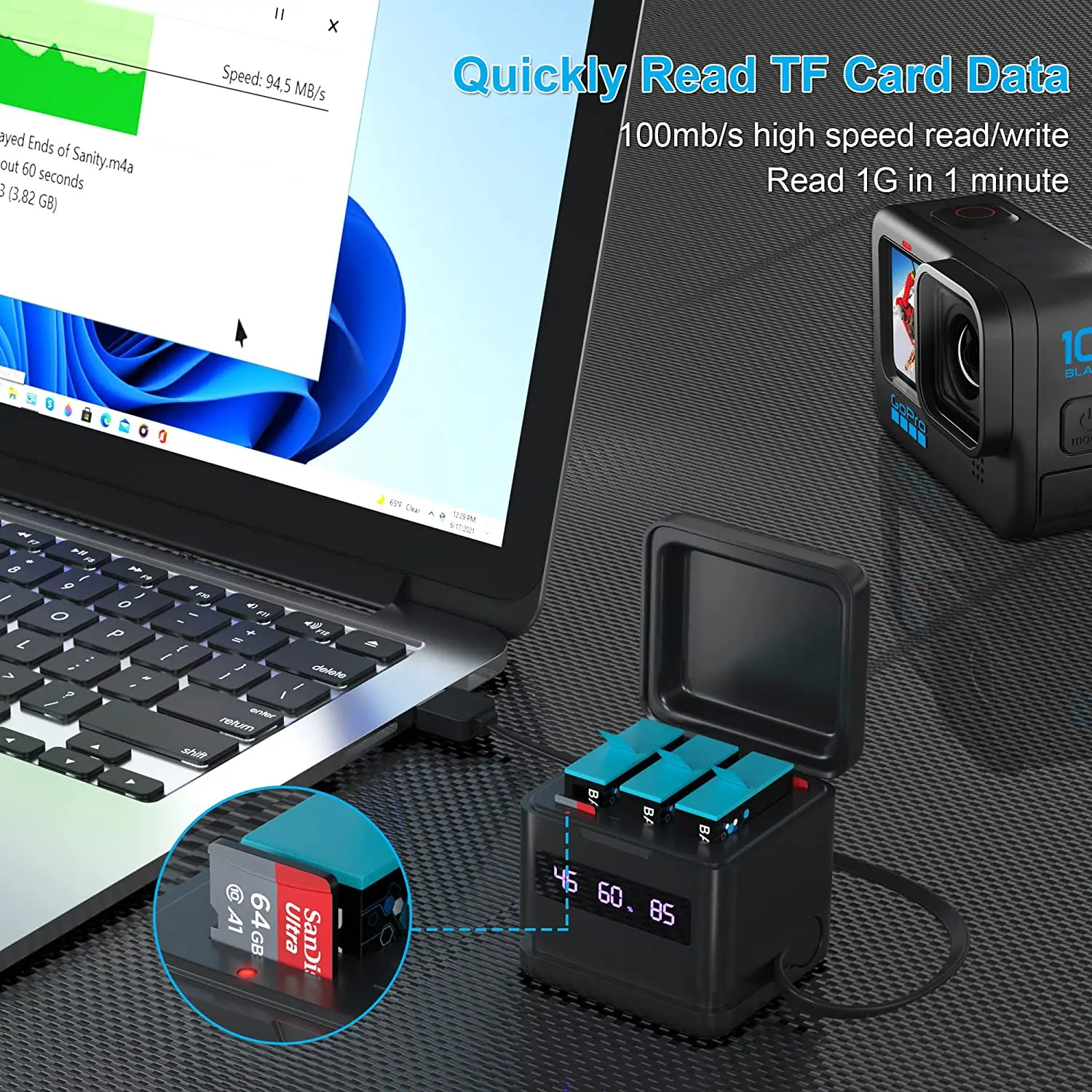 Аккумулятор и зарядное устройство USB для GoPro Hero 10 9 8 7 6 5 с высокоскоростной Micro SD