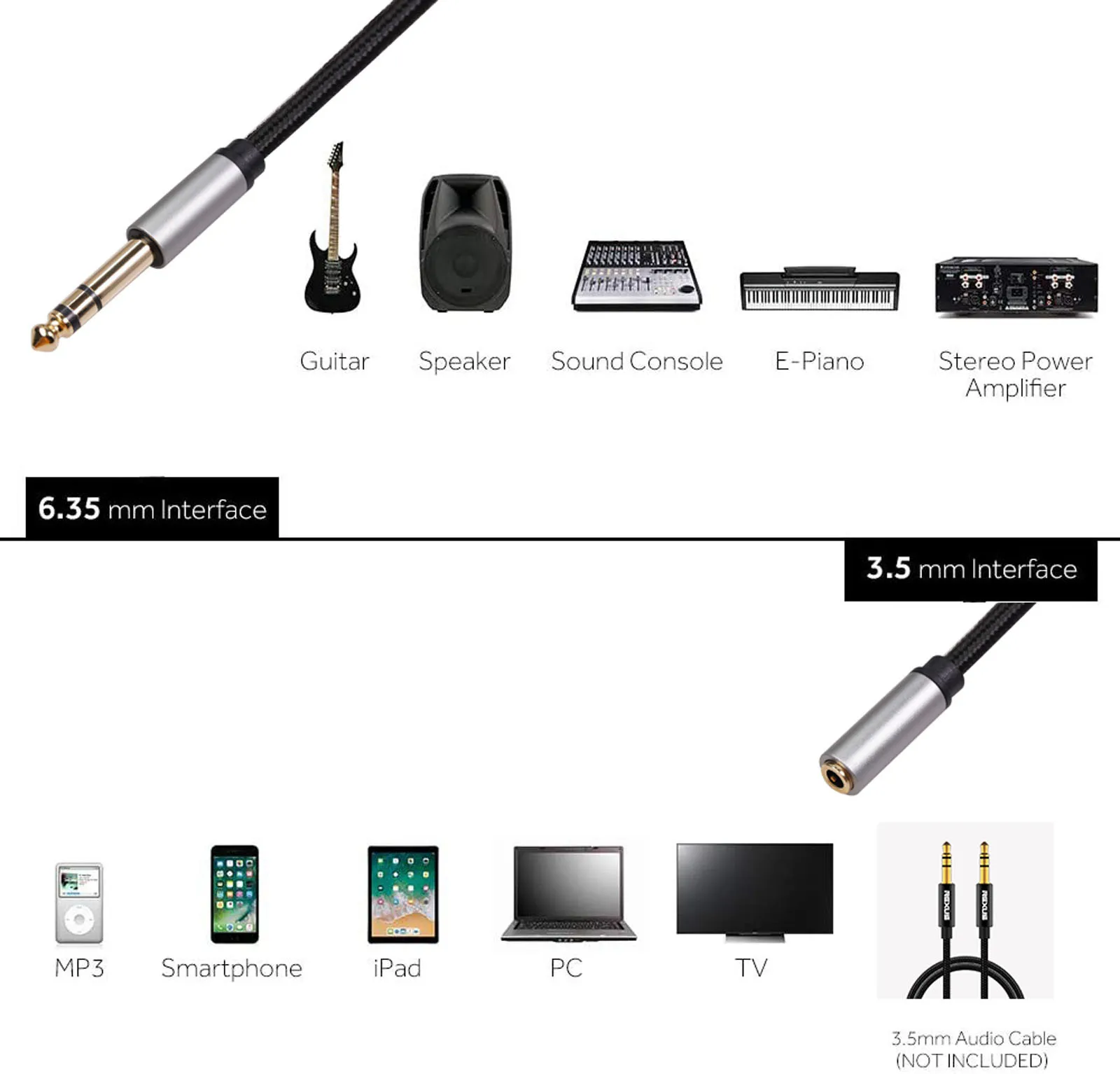 

6.35mm Audio Plug Extension Conversion Cable Stereo 3.5mm Audio Conversion Cable Supports Mobile Phone Tablet Dedicated Cable