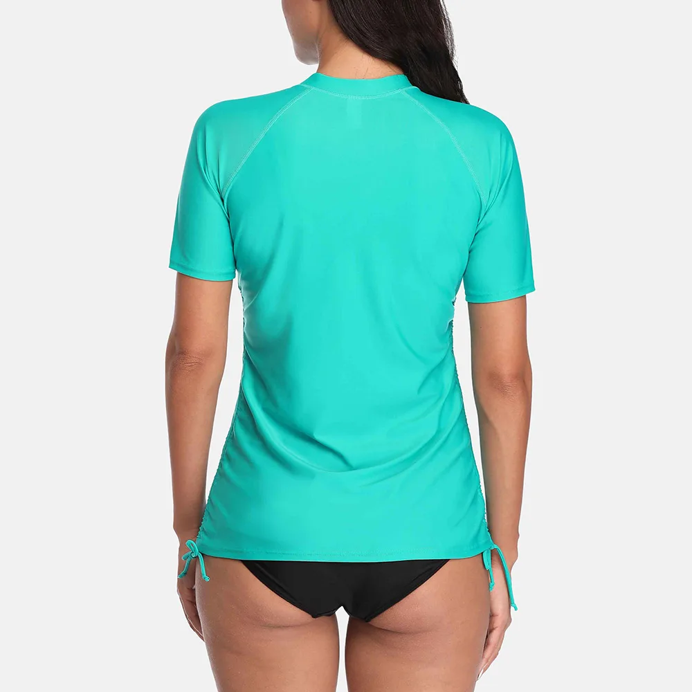 Charmleaks Women Short Sleeve Rash Guard Shirts Zip Front Swimwear Rashguard Top Side Bandaged Surf Top Diving Shirt UPF 50+