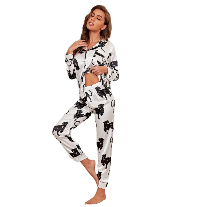 Home Wear Two-piece Women's Autumn Chic Printed Long-sleeved Loose Lapel Silk Basic Pajamas Comfortable   Wm*