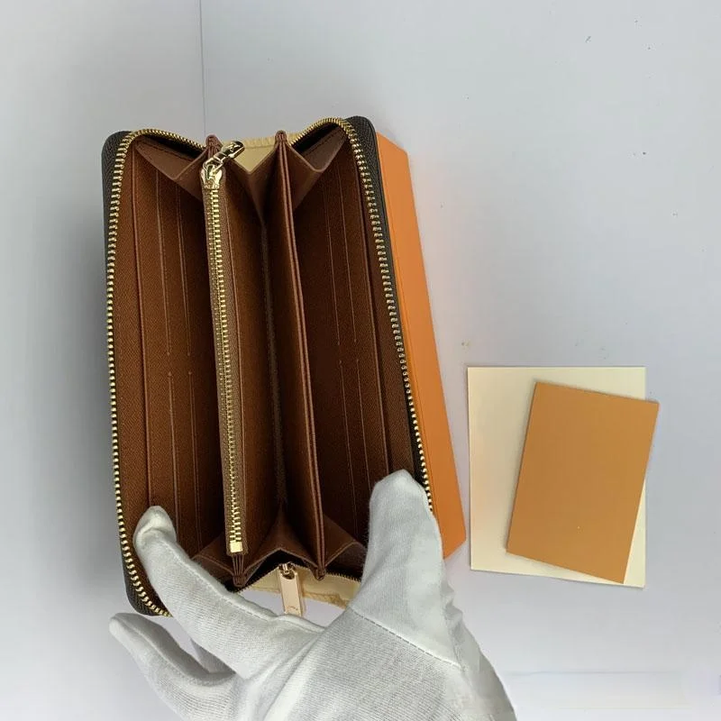 

Wholesale High quality fashion wallet single zipper designer men women leather wallets lady long purse with orange box card
