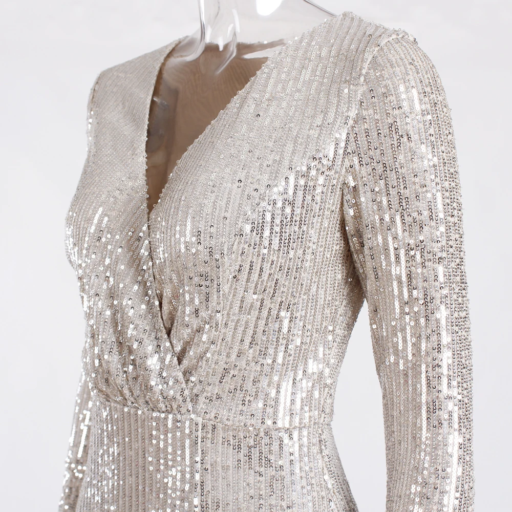 

NEW V Neck Stretch Sparkle Zipper Sequin Evening Party Dress Long Sleeve Ankle Length Full Lining Mermaid Evening Maxi Dress