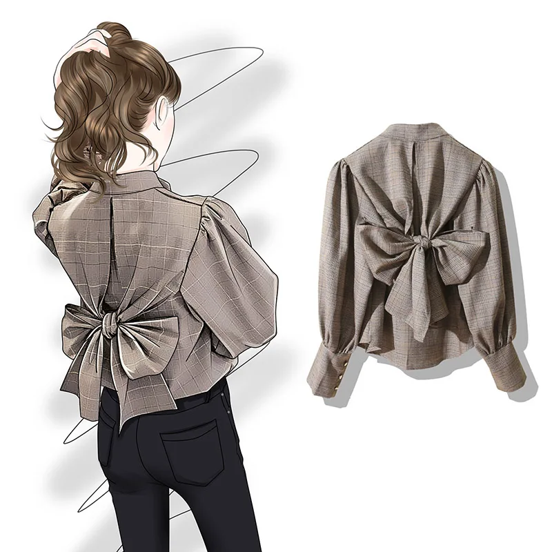 khaki blouse MUMUZI, элегантные женские клетчатые топы и блузки, женские блузки с галстуком-бабочкой на спине, серые блузки со стоячим воротником, с длинным рукавом, Стандартная посадка, сетчатая блузка - Цвет: khaki blouse