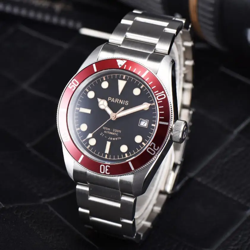 

Parnis 41mm Luxury Brand Miyota Automatic Watch red bezel Stainless Steel Luminous Sapphire Crystal Men's Mechanical Watch