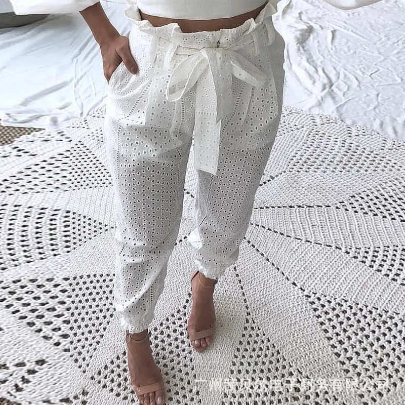 

Брюки женские повседневные на шнуровке, белые, лето 2021