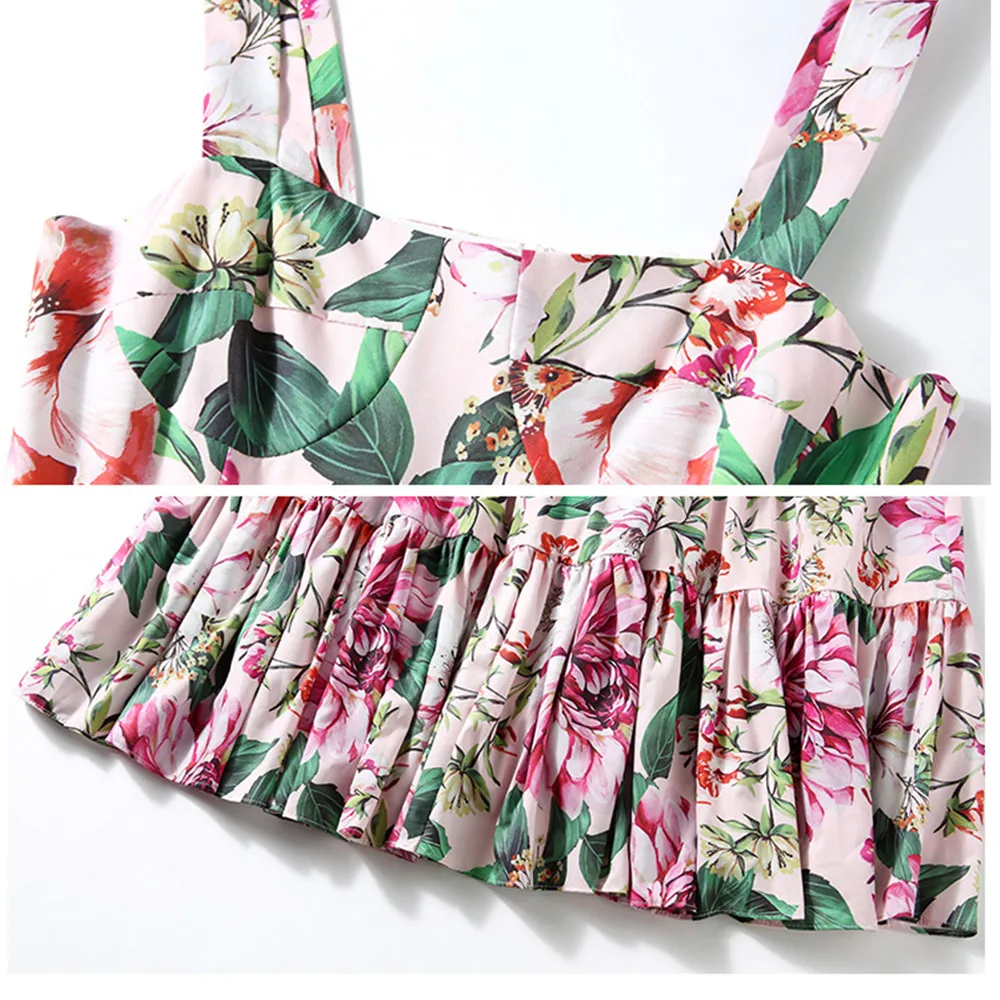 

Merchall Summer Designer Spaghetti Strap Dress Women Elegant Floral Print Vacation A Line Dresses Ladies Midi Dress 2020