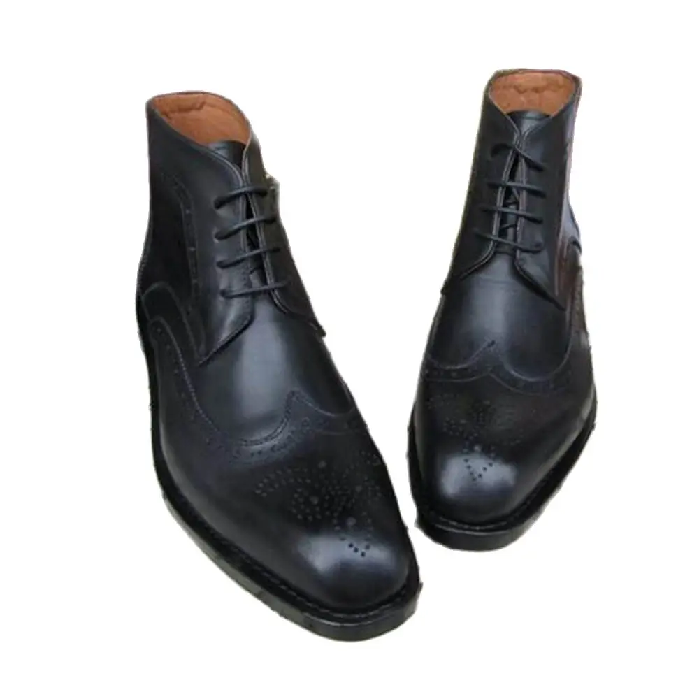 

Sipriks Mens Bespoke Goodyear Welted Shoes Imported Italian Calf Leather Black Carved Retro Boot Leather Sole Shoes Boots Shoes