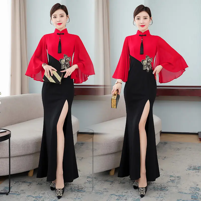 

Новинка 2022, тонкий костюм, женское микро-эластичное модное платье-Ципао из газовой ткани с длинными рукавами и высоким разрезом для подиума,...