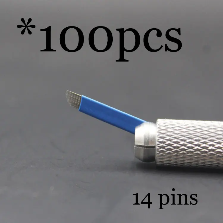 50P 9 12 14 16 18 21 Pin u-образные иглы для татуажа, Перманентный макияж, лезвие для вышивания бровей, для 3D микроблейдинга, ручная ручка для татуировки - Габаритные размеры: 100pcs14pin