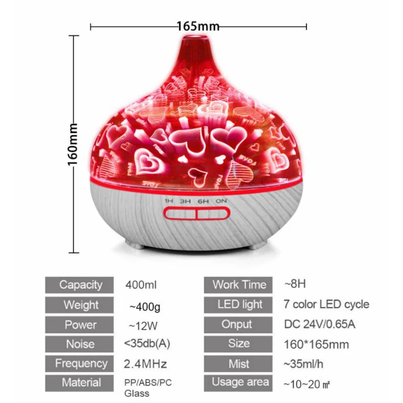 400 мл Фейерверк Любовь ваза увлажнитель воздуха очиститель 7 цветов светодиодный
