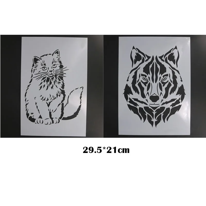 

2pc Wolf Cat Animal Cake Stencils Supplies Painting Template Scrapbooking Embossing Stamping Album Card 29.5*21cm