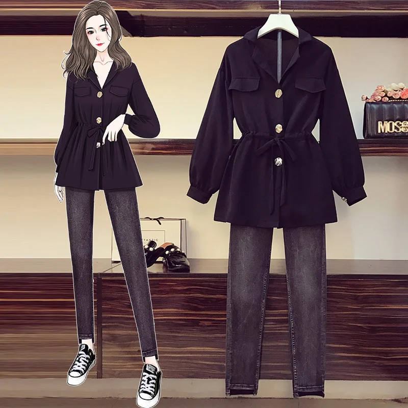 

Осень 2021, новинка, модный шифоновый топ большого размера с контролируемой талией, тонкое пальто, джинсы, комплект из двух предметов