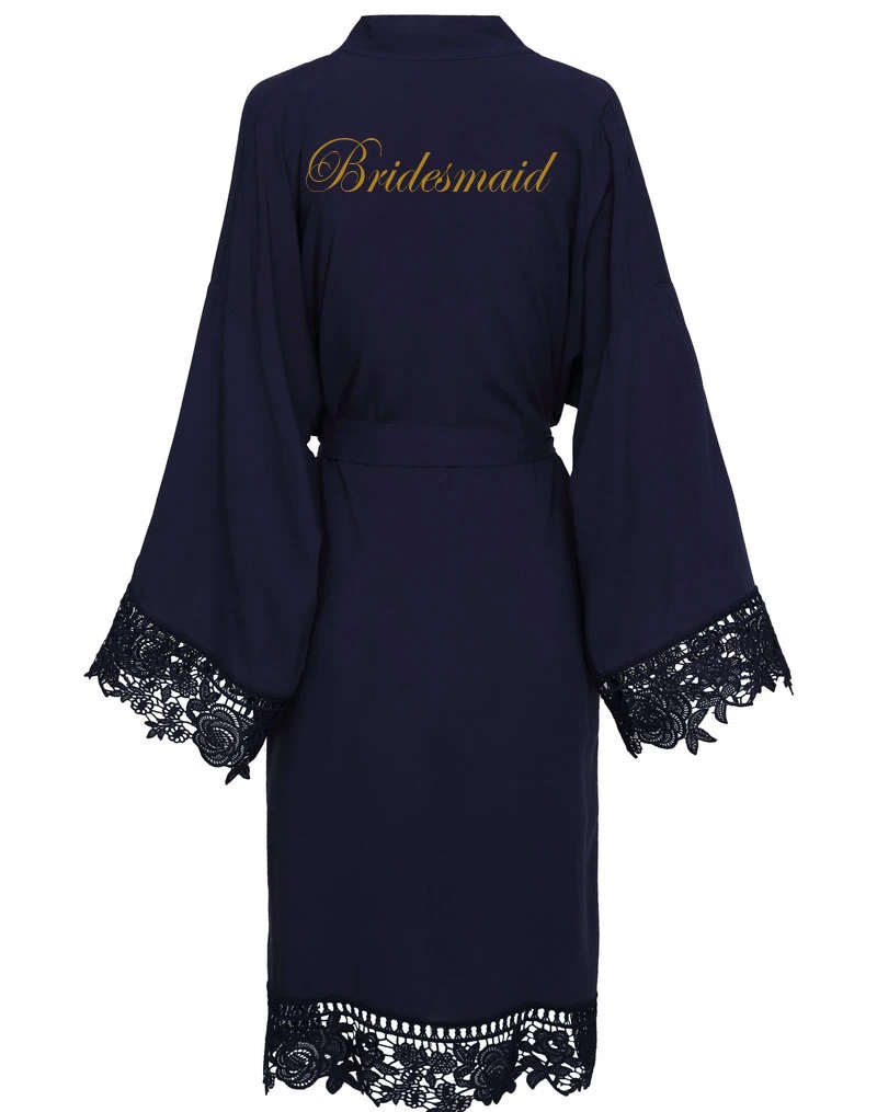 DBlue Bridesmaid YUXINBRIDAL вискоза темно-синее одноцветное хлопковое кимоно халаты с кружевной отделкой женское свадебное платье короткий пояс халат пижамы - Цвет: DBlue Bridesmaid