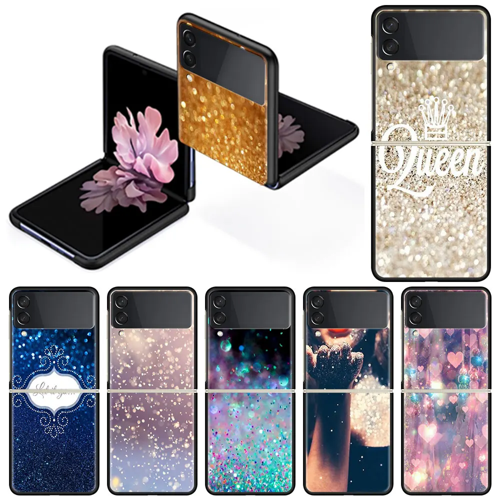

Pink Glitter Gold Printing Phone Case For Samsung Galaxy Z Flip 3 5G Cover Black Hard PC Housing Zflip3 Luxury Segmented Fundas