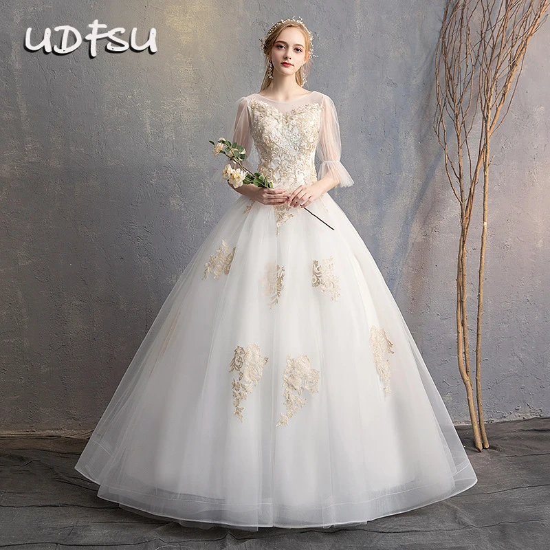 

UDFSU женское винтажное Тюлевое бальное платье с открытыми плечами с аппликацией Свадебные платья длиной до пола простое свадебное платье