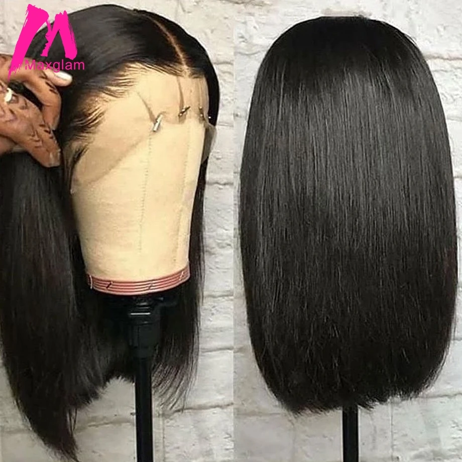 Парик из натуральных волос на сетке спереди Бразильские короткие прямые волосы с