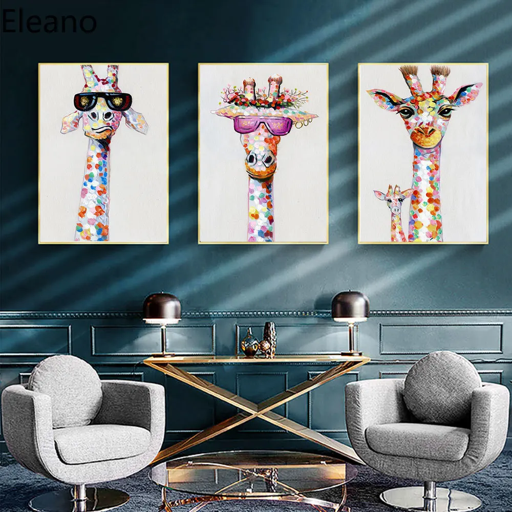 

Cartoon Giraffe Family Watercolor Painting Canvas Abstract Art Poster Animal HD Wall Pictures Room Decor Modern Art Painting