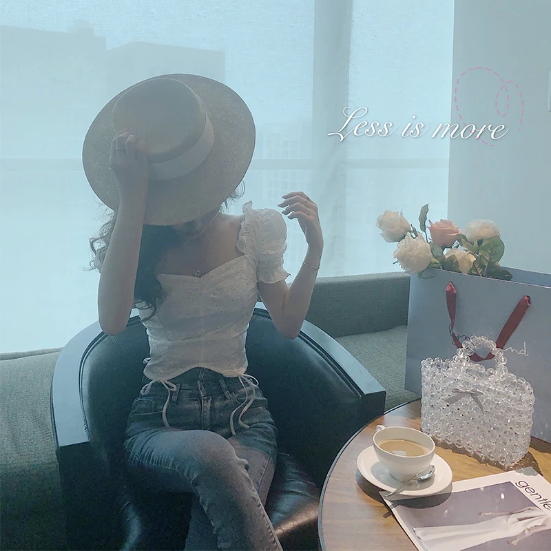 

COIGARSAM Short Sleeve korean blouse women Square Collar blusas womens tops and blouses White A477