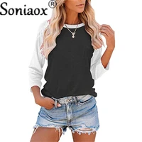 2021 womens color matching 34 sleeve t shirt ladies new summer harajuku o neck loose casual streetwear plus size t shirt tops