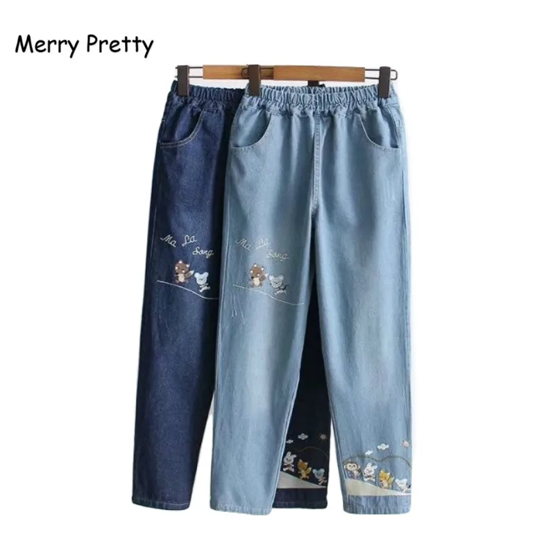 

Merry pretty Vintage Boyfriends Jeans Female Cartoon Embroidey Women Elastic High Waist Denim Pants Trousers Chic Mom Loose Jean