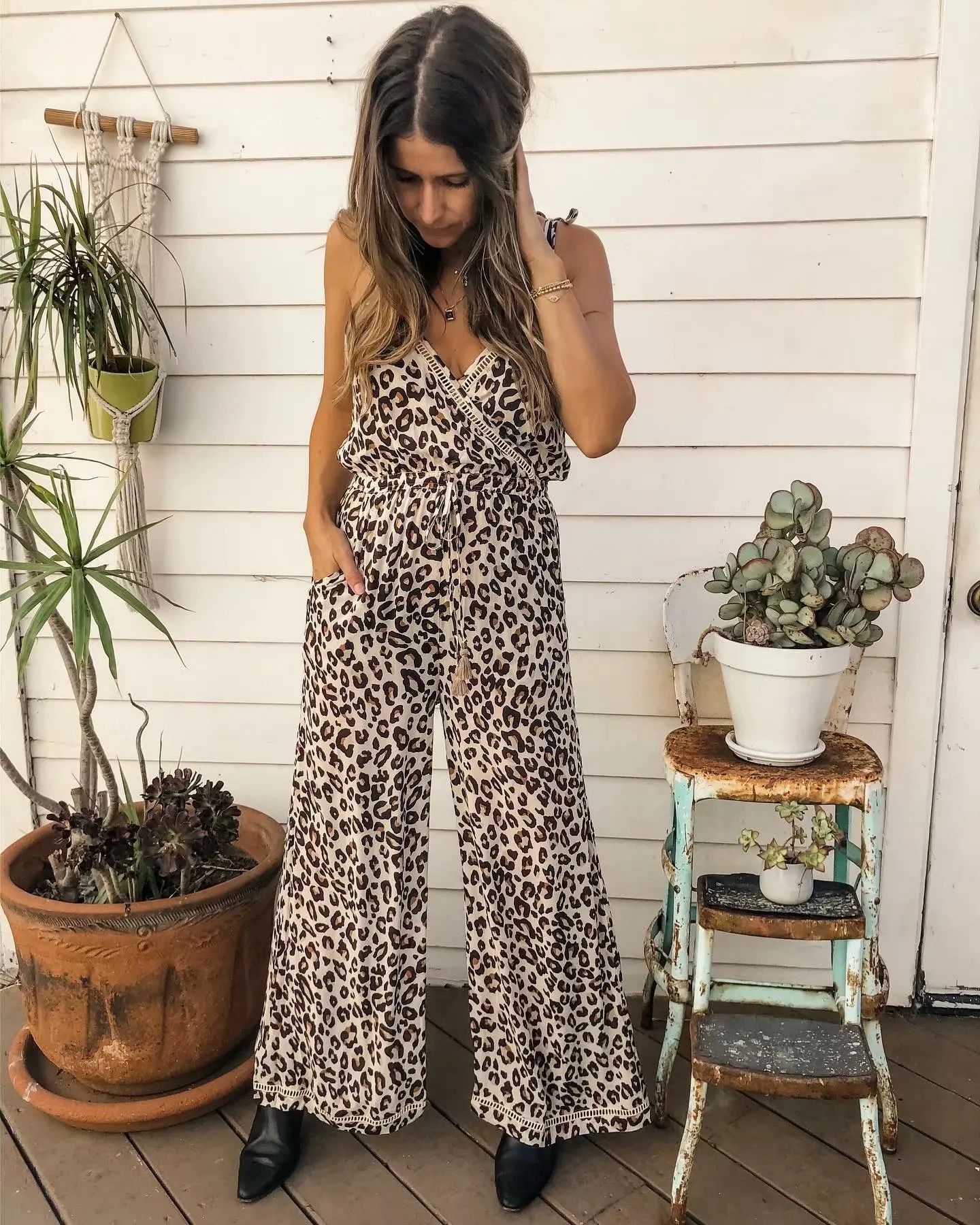 Boho Queens Женская леопардовая расцветка без рукавов на лямках комбинезон Бохо