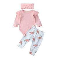 cute infant baby boys romper flying sleeve tops long pants flamingo headband 3pcs clothes set cute outfits