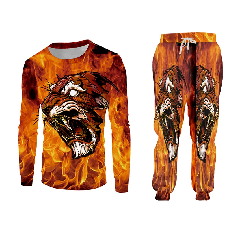 

UJWI Casual Men's Tracksuit Hoodie Pants 3D Printing Two-piece Winter Jacket Men Loose Large Size Flame Tiger Suit Sports Custom