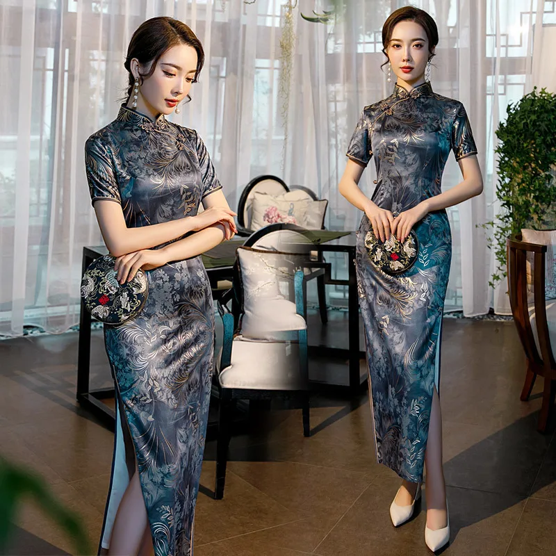 

Women Long Cheongsam Satin Evening Party Dress Silky Print Flower Sexy High Split Chinese Style Qipao Plus Size 4XL