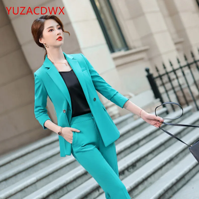 Office Ladies Blazer and Trouser Pant Suit 2022 Autumn for Women Formal Fashion Black White light green Business 2 Piece Set