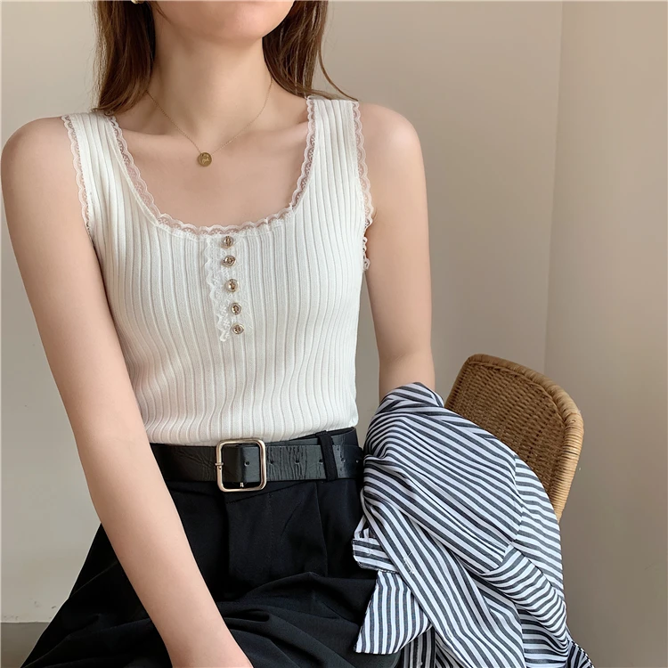 

2021The New Women Knitted Summer O Neck Vest New Lace Stitching Plain Weave camisole Vest Women's Sleeveless Blouse Tops T-Shirt