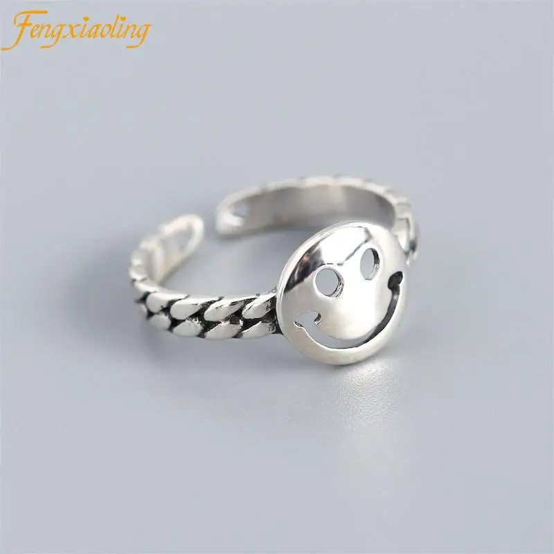 

Genuine 100% 925 Sterling Silver Round Smile Face Rings For Women Vintage Thai Silver Women Rings Fashion Party Jewelry Gifts