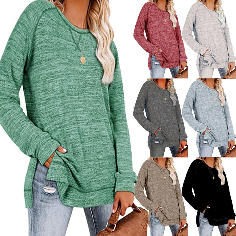 

2021 European and American Solid Color Sweater Cross Round Neck Long Sleeve Split Bulk Items Wholesale Lots Sweatshirt Women