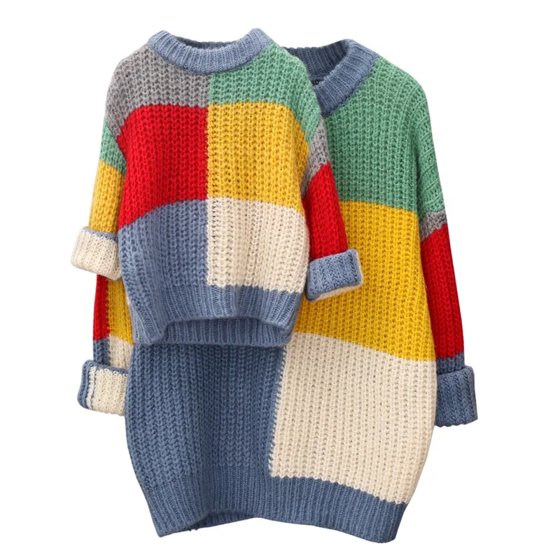 Зимнее платье для родителей и детей свитер радужной расцветки мам женский мамы