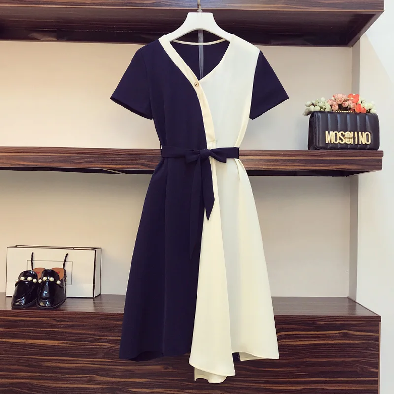 

Women Patchwork Midi Shirt Dress Plus Size Summer Boho Clothes V Neck Short Sleeve Big Clothing Dress Bandage Slim Party Vestido