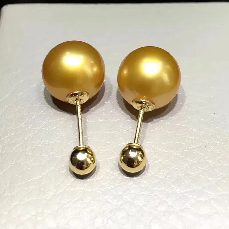 Женские жемчужные серьги круглые с натуральным пресноводным золотом 18 К 10-11 мм 922
