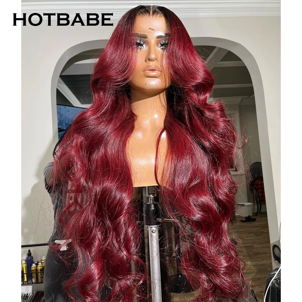 30 Inch 99J Burgundy Body Wave Transparent Lace Wigs For Women Human Hair Brazilian Pre Plucked Red Lace Frontal Wigs HOTBABE enlarge