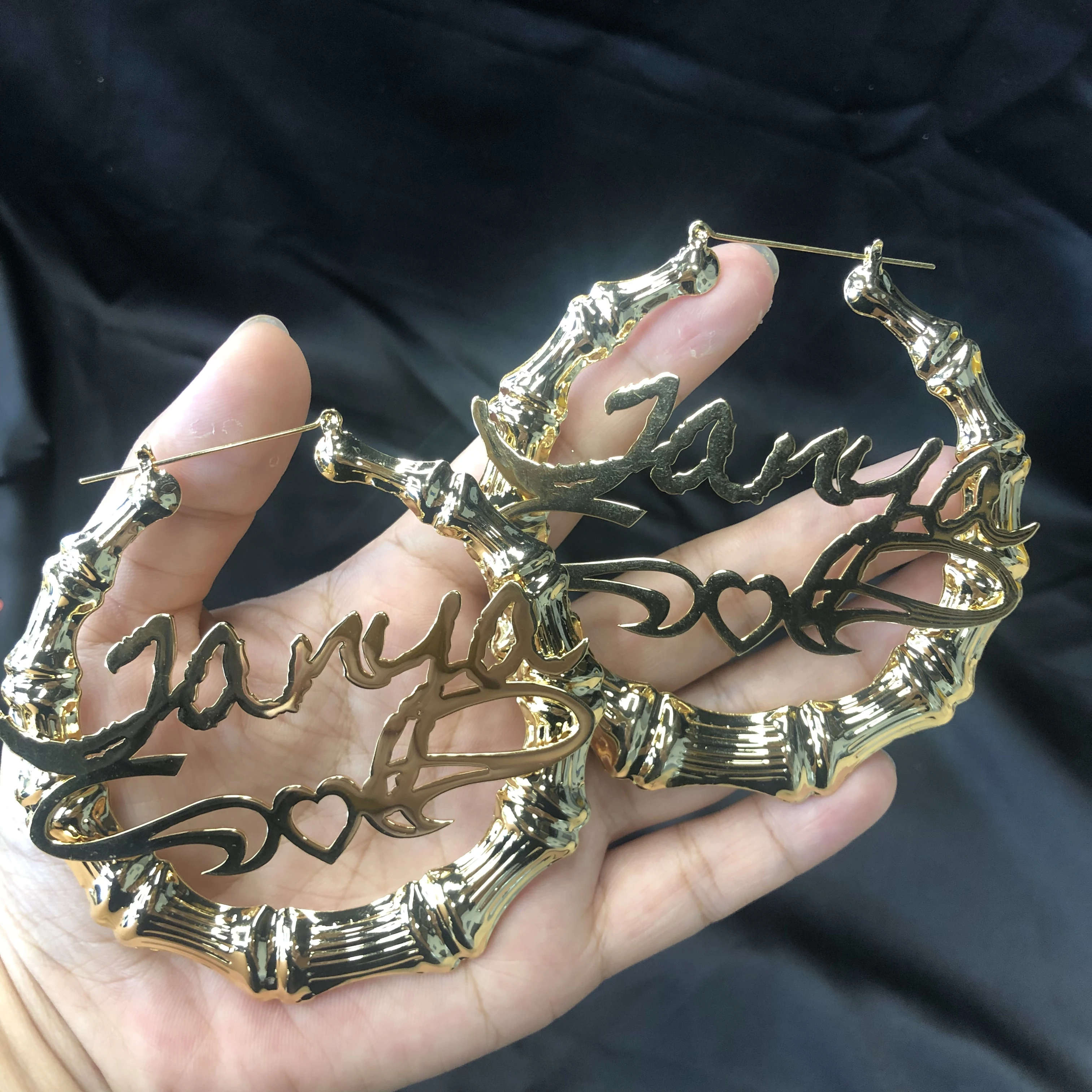 

Gosun Fashion Trend Custom Name Bamboo Hoop Earrings Personality Heart Shaped Gold Plated Hoop Bamboo Earrings