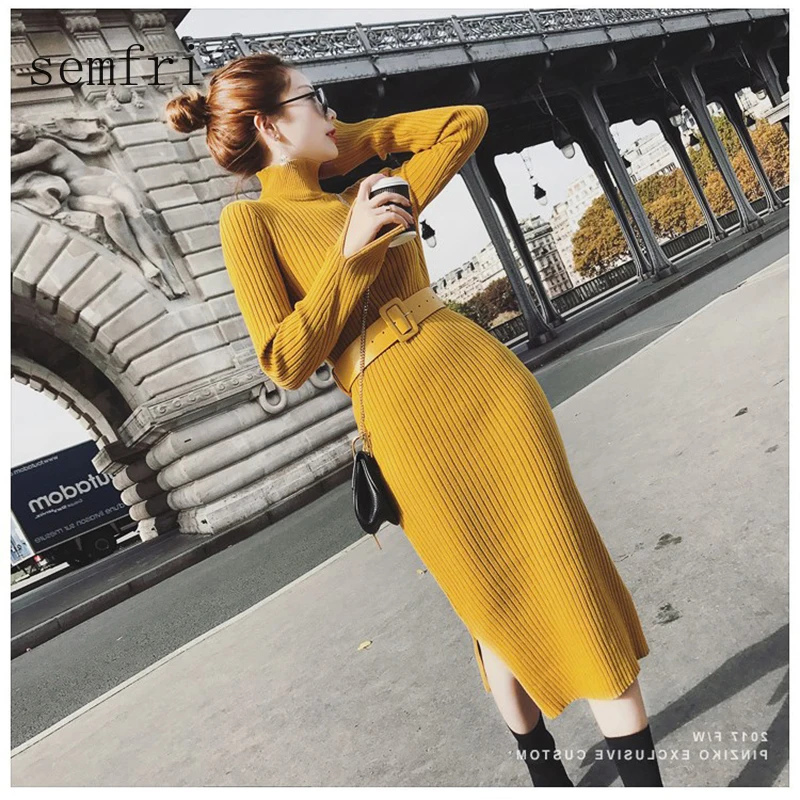 Semfri платье Женский Длинный свитер платье зима фонарь рукав бодикон vestidos высокое качество o-образным вырезом пояс вязаные платья