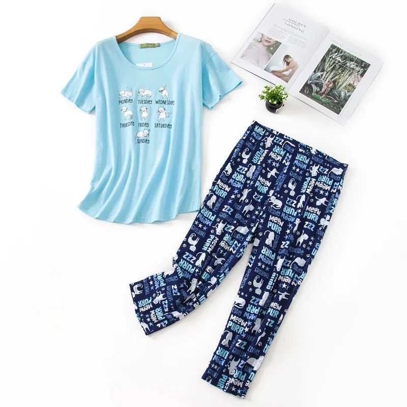 Женские пижамные комплекты синего цвета с милыми кошками хлопковые повседневные