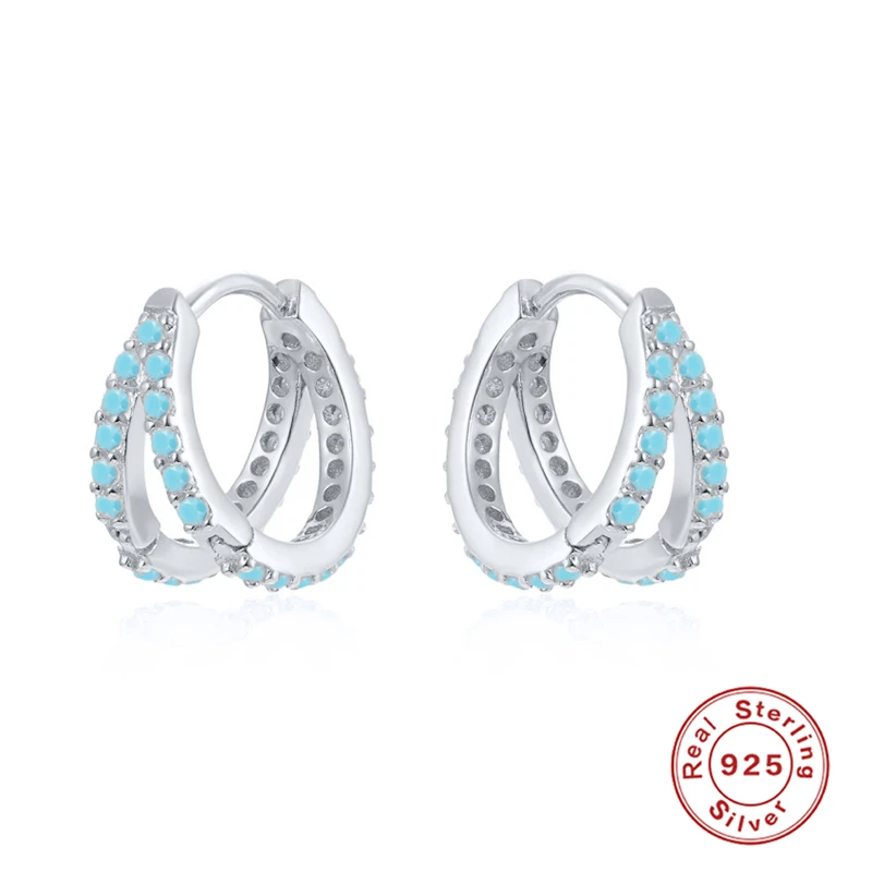 

Aide 925 Sterling Silver Luxury Sparkling CZ Turquoise Huggies Hoop Earrings Woman Earring For Girl Lovers 9mm Circle Pendientes