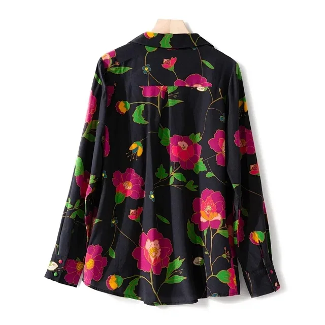 

100% Silk 2020 Spring and Summer New Shirts Stylish Rest Floral Print Lapel Pocket Shirt Tops