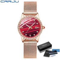 new women crrju fashion casual red diamond watches ladies beauty elegant crystal waterproof quartz mesh watches zegarek damski