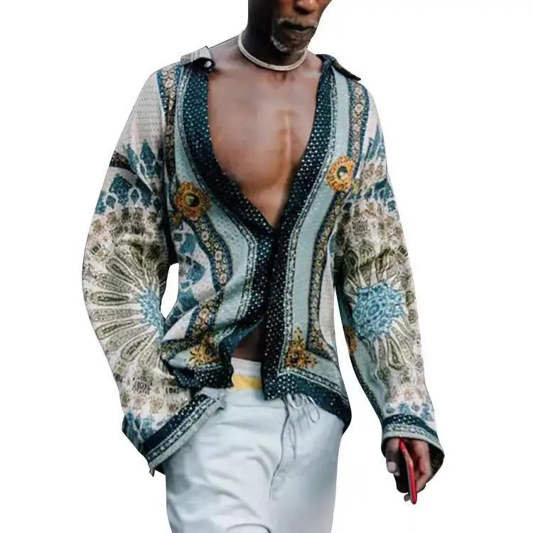 

Men's Casual Shirt, Long-sleeved Shirt With Down-Turned Collar, Ethnic Style, Buttons Streetwear Loose camisa masculina Printed