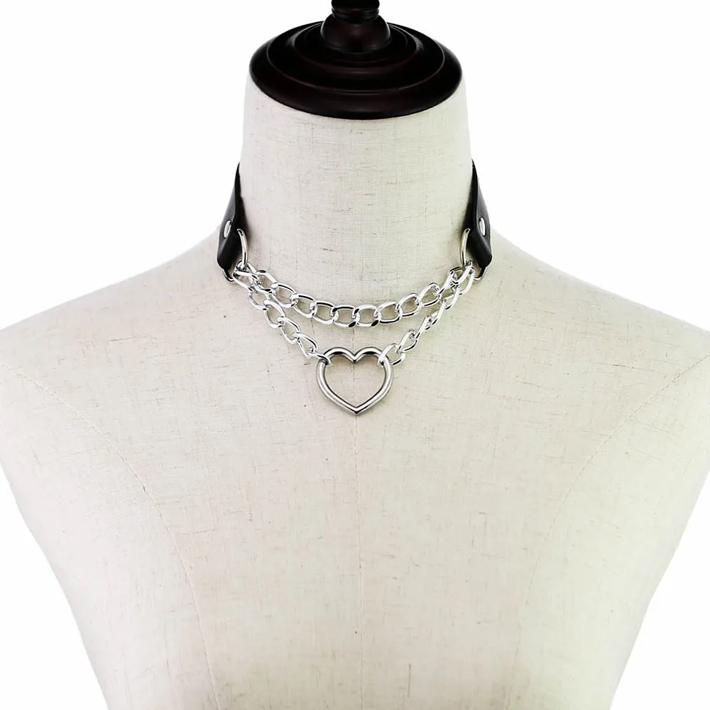 

2021 New Women Hiphop Cute Maid Collar Punk Gothic Leather Choker Metal Chain Harajuku Adjustable Heart Necklace Fashion Jewelry