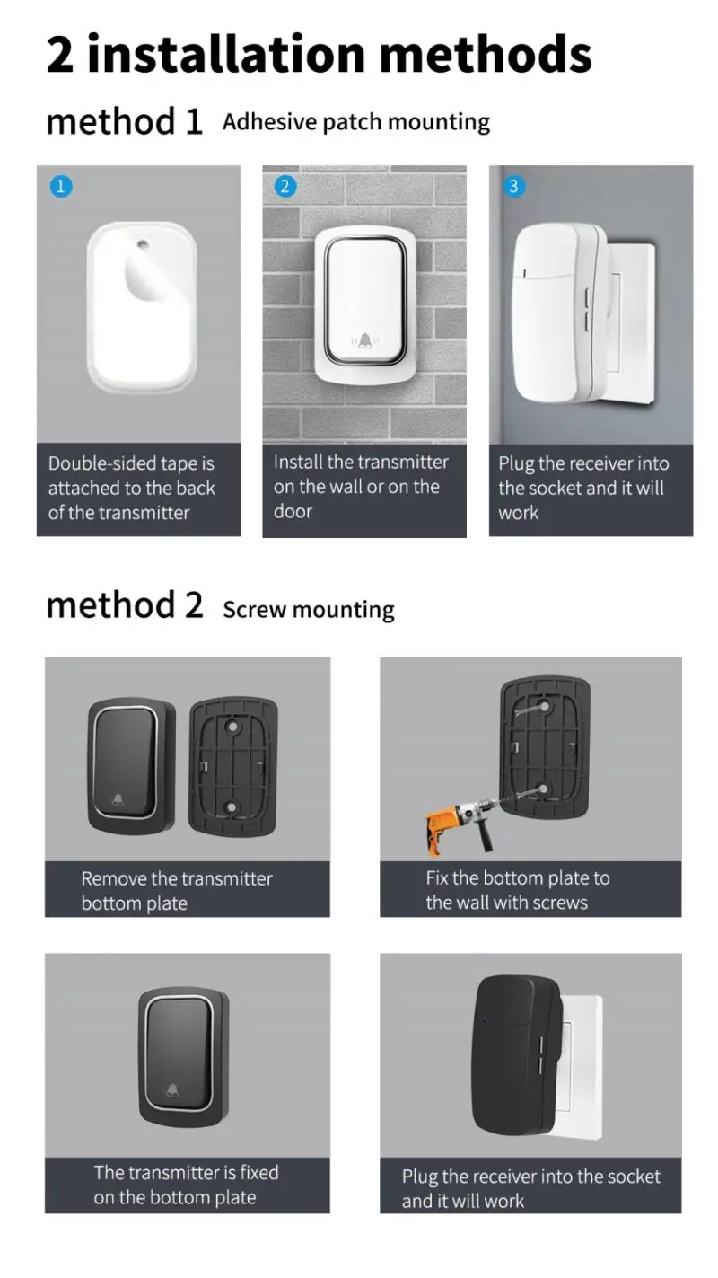 

1pcs Doorbell Wireless Ring Door Bell IP68 Waterproof Smart Home No Battery Required Widely Compatibility US EU UK Plug