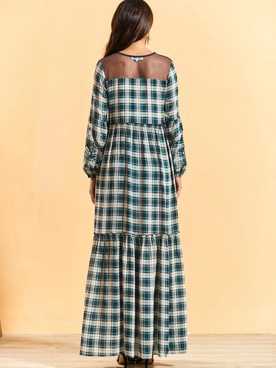 

autumn women long sleeve floral embroidery maxi dress plus size plaid printed Abaya EID Dubai Kaftan Islamic gown Ramadan Judaic