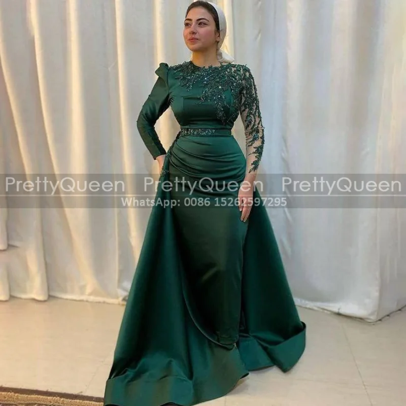 Emerald Green Appliques Formal Evening Dresses With Long Sleeves Beads A Line Arabic Dubai Women Prom Dress Party Gown
