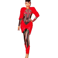 glisten rhinestones red stretch jumpsuit long sleeve skinny bodysuits nightclub singer costume stage dance ds performance wear