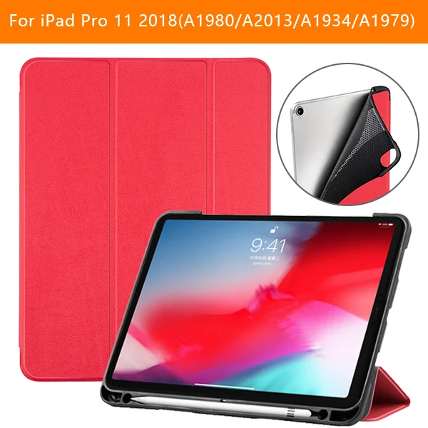 IPADPRO11 KSTBC RD Чехол для планшета для ipad pro 11, однотонный чехол из ТПУ, чехол для нового ipad pro 11 с держателем для карандашей, Смарт, трехслойная подставка - Цвет: IPADPRO11 KSTBC RD