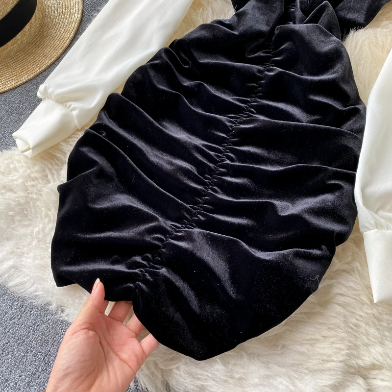 

Spring Women Long Sleeve Velvet Dress 2021 V-Neck Patchwork Bodycon Pleated Mini Short Dresses Black Slim Sexy Party Dress